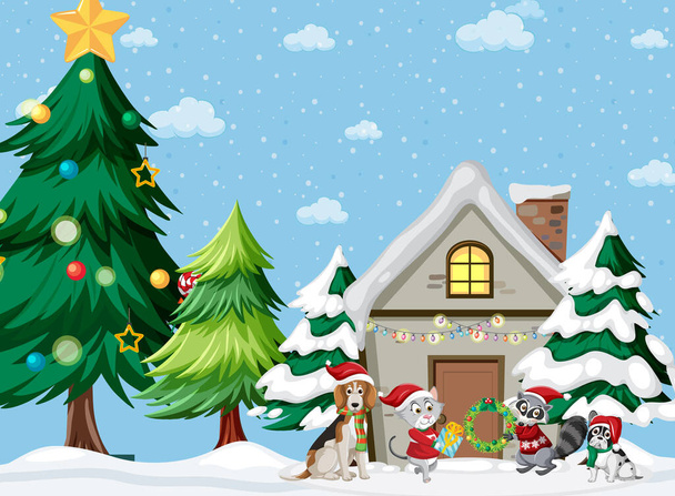 Święta Bożego Narodzenia ze zwierzętami domowymi ilustracja - Wektor, obraz
