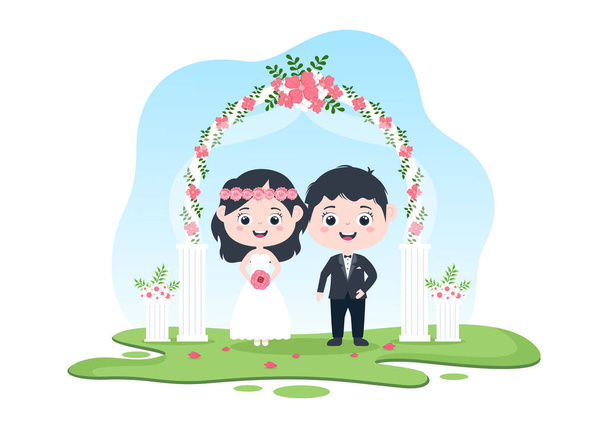 Casal feliz comemorando casamento ou cerimônia casada com belas decorações de flores ao ar livre quarto em fundo plano Desenhos animados estilo ilustração - Vetor, Imagem