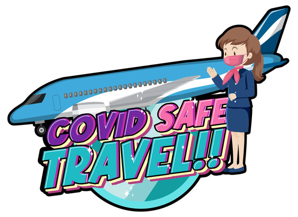 Progettazione tipografica Covid Safe Travel con illustrazione di un assistente di volo - Vettoriali, immagini