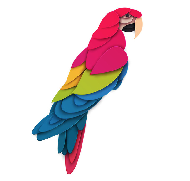 Abstract macaw bird isolated on white background. Creative 3d concept in cartoon craft paper cut style. Colorful minimal design character. Modern geometric vector illustration. - Vektor, obrázek