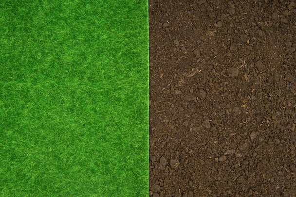 Split background made of green grass and soil - Photo, image