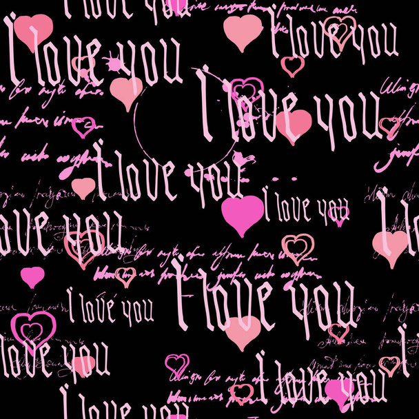 Seamless pattern Gothic Text I love you, hand written words.Sketch, doodle, lettering, hearts, happy valentines day. Vector illustration pink background - Vector, Image