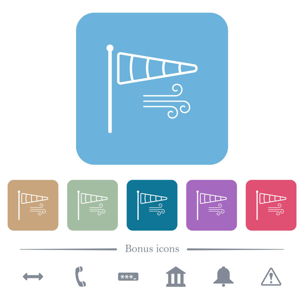 Windsok indicator met wind omtrek witte platte pictogrammen op kleur afgeronde vierkante achtergronden. 6 bonus symbolen opgenomen - Vector, afbeelding