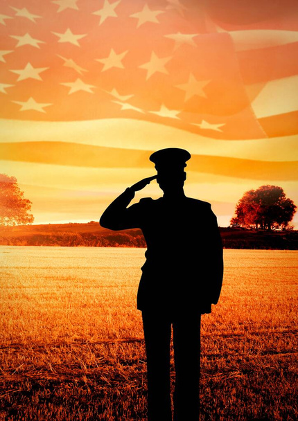 Silhouette of a soldier saluting against waving us flag and landscape with grassland with copy space. american patriotism concept - Фото, зображення