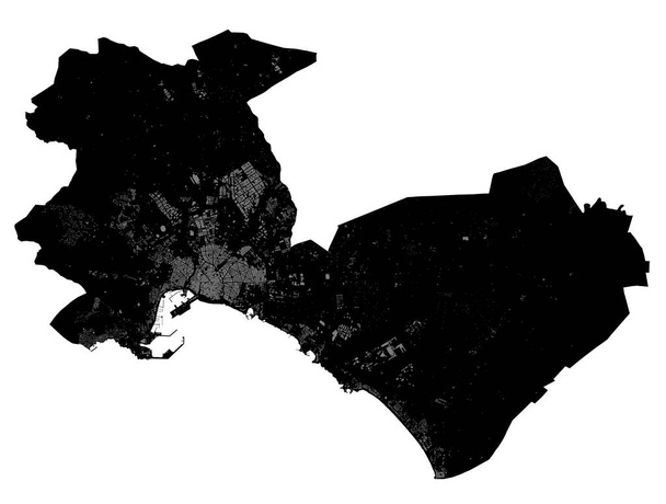 Palma de Mallorca map. Detailed vector map of Palma de Mallorca city administrative area. Cityscape poster metropolitan aria view. Black land with white buildings, water, forest. White background. - Vector, Image