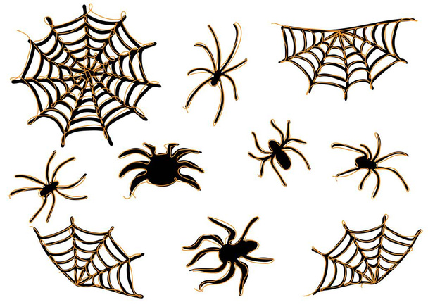 Set of continuous one line drawing of spider web and spiders - Vector, Image