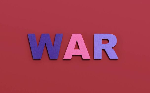 WAR, word written in colorful wooden alphabet letters on red background. The concept of a terrible war destroying country. Top view. Copy space - Foto, Imagen