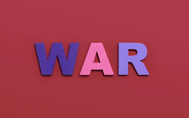 WAR, word written in colorful wooden alphabet letters on red background. The concept of a terrible war destroying country. Top view. Copy space - Valokuva, kuva