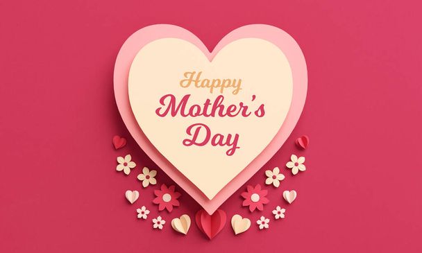 Happy Mothers Day flyer template with text, hearts silhouettes and flowers in paper cut style. Elegant greeting card or banner background for celebrate love in 3D illustration - 写真・画像