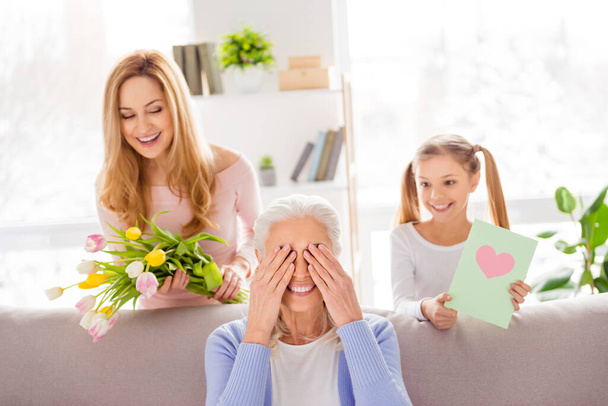 Portrait of three positive idyllic people congratulating occasion fresh flowers handmade card house indoors - Φωτογραφία, εικόνα
