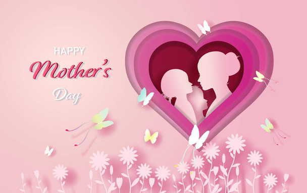 Boldog Anyák napját nőkkel, gyerekekkel, pillangókkal és virágokkal, Anyák és gyermekek, Boldog ünnepet Anyák Napja papírvágással, papírmunkával, Vektor illusztráció sablon tervezés rózsaszín háttérrel. - Fotó, kép