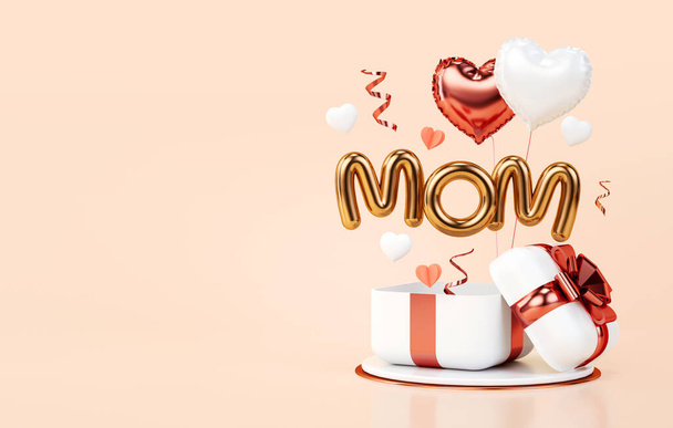 Mother's day banner template with open gift, heart, gold letters and copy space for marketing text. Modern poster with festive decoration scene for celebrate mom love in 3D illustration - Fotó, kép