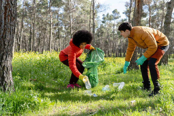 Ehrenamtliche sammeln Plastikflaschen in Müllsäcken am Waldboden. - Foto, Bild