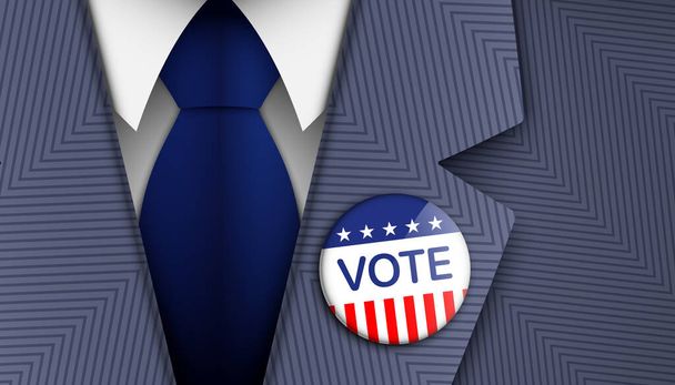 American politician wearing VOTE pin on a blue color official suit, vector illustration. - Vector, Image