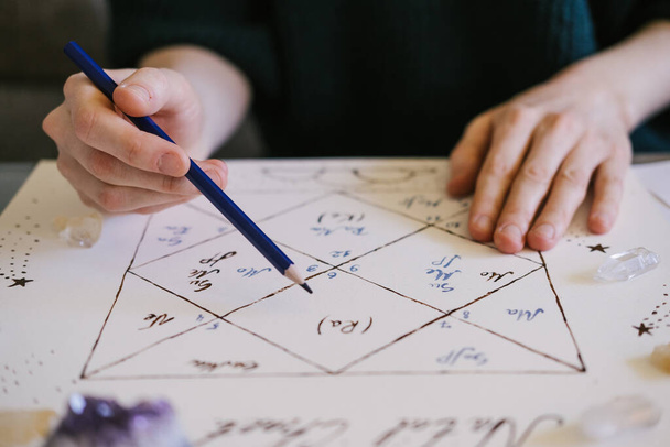 Woman checking natal chart. Beautiful hand drawn astrology background. - Photo, Image