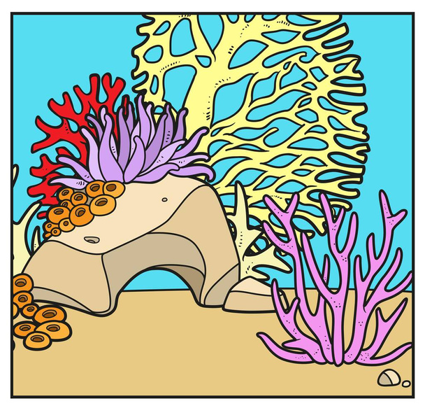 Simple square background of the seabed with stones, corals and algae color variation for coloring on a white  - Vektor, kép