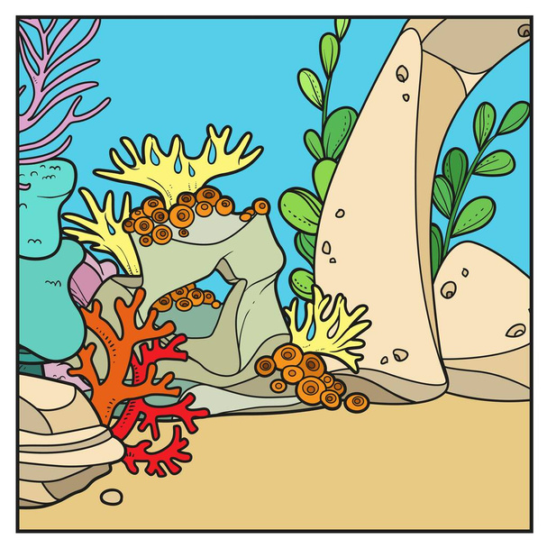 Underwater world square background with the stones, corals, sponges and algae color variation for coloring page - Vektor, kép