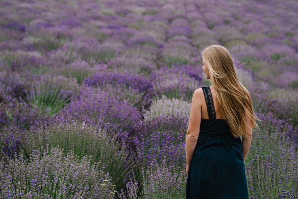 Beautiful girl in dress stand on purple the lavender field. Beautiful woman walk and look on the lavender field on sunset in France. Soft focus. Enjoy on the floral glade, summer nature. Back view. - Photo, Image