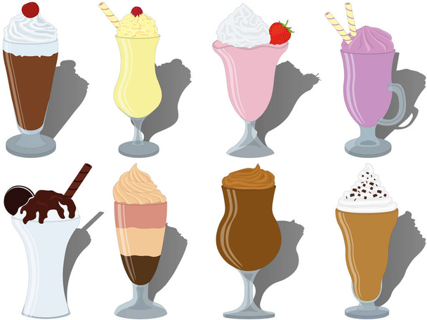 Sweet tasty beautiful desserts in high glasses with toppings vector illustration - Vektori, kuva