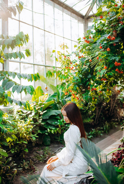 Εύθραυστο κορίτσι με μακριά κόκκινα μαλλιά κάθεται σε ένα θερμοκήπιο των τροπικών φυτών. - Φωτογραφία, εικόνα