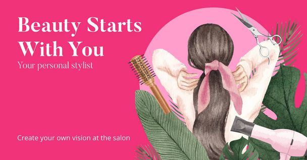 Facebook template met salon hair beauty concept, aquarel styl - Vector, afbeelding