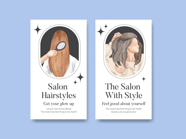 Instagram sablon szalon haj szépség koncepció, akvarell styl - Vektor, kép