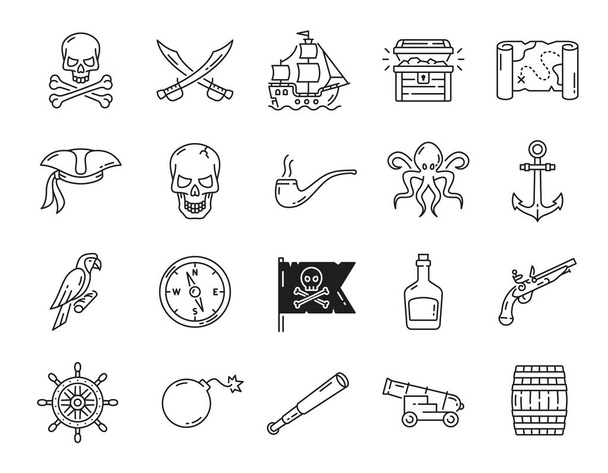Caribbean pirates outline icons. Filibusterer ship and cannon, buccaneer captain and treasure chest, compass, anchor and jolly roger skull, sea monster, rum and corsair hat, weapon thin line icons - ベクター画像