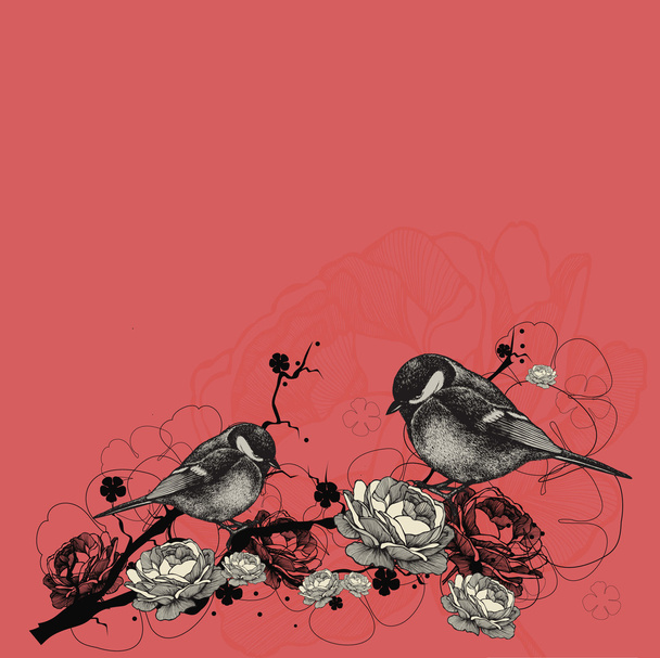 Floral background with birds and branches with flowers. Vector i - Вектор, зображення