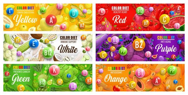 Color rainbow diet vector banners with vitamins in fruits and vegetables, organic nutrition plan. Rainbow color diet program with healthy food eating benefits for detox, health and immune support - Vector, Image