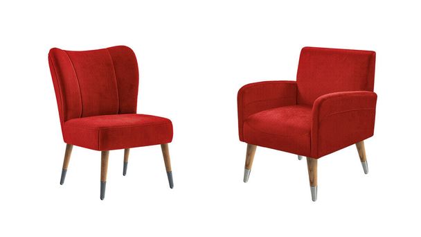 Twee klassieke fauteuils art deco stijl in rood fluweel met houten poten geïsoleerd op witte achtergrond. Reeks meubels - Foto, afbeelding