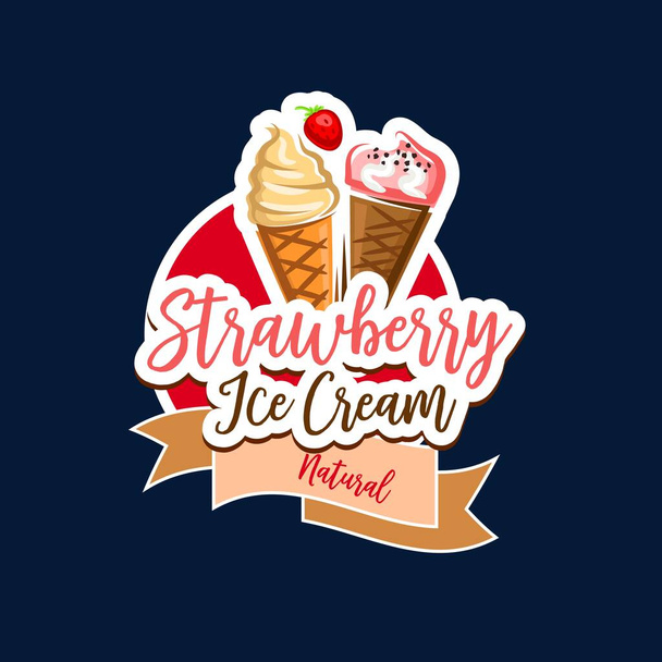 Клубничное мороженое векторная икона десертной еды. Конус вафельного мороженого с шоколадным, фруктовым или ванильным соусом, сладкое мягкое мороженое, мороженое, замороженный йогурт и сорбет знак кафе и желатерии дизайн - Вектор,изображение