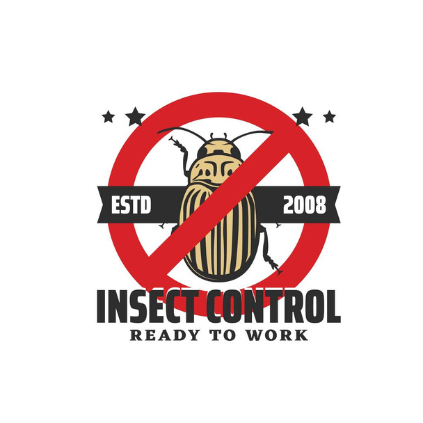 Signo de parada de escarabajo de Colorado, control de plagas e insectos icono de vector de servicio de exterminio. Insignia de servicio de desinfección y desinsección para el control de plagas de escarabajo de Colorado o insecto patata - Vector, imagen