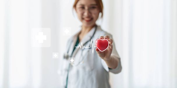 Cardiologist holding red heart in private clinic. Medical technology diagnostics of heart concept. - Photo, Image