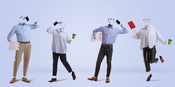 Four stylish invisible persons wearing modern business style outfits and eyeglasses standing against blue background. Concept of fashion, style - Foto, Imagem