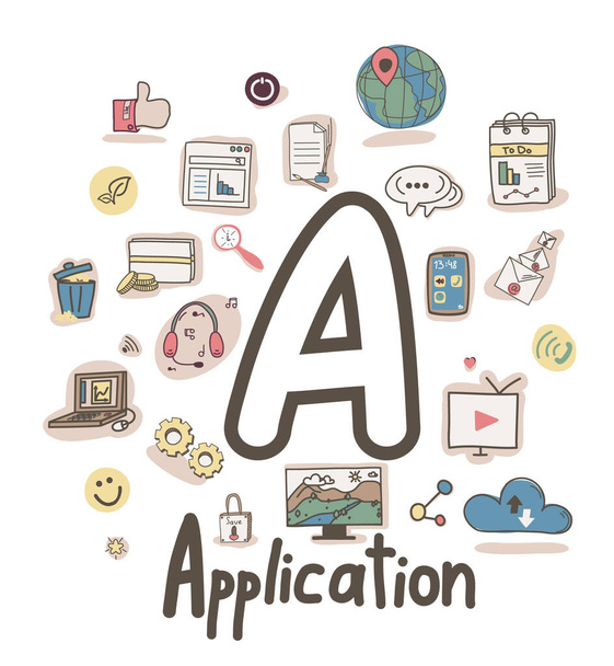 Alphabet letter A - Application, vector illustration in doodle style - Vektori, kuva