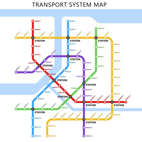 Metro-, U- oder U-Bahn-Karte. Stadtbahnlinien. Plakat oder Planvorlage mit bunten U-Bahn-Linien - Vektor, Bild