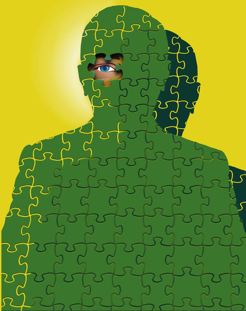 Człowiek jest zrobiony w puzzle z męskim okiem spoglądającym w otwartą lewą stronę przez brakujący kawałek - Zdjęcie, obraz