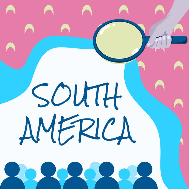 Conceptual caption South America. Business overview Continent in Western Hemisphere Latinos known for Carnivals Hand Holding Magnifying Glass Examining Socio Economic Structure. - Photo, Image