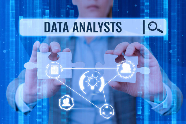 Text caption presenting Data Analysts. Concept meaning Programmer Design and Create Report Identifies patterns Lady in suit holding two puzzle pieces representing innovative thinking. - Photo, Image