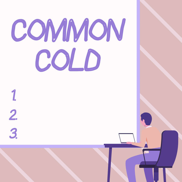 Conceptual caption Common Cold. Business concept viral infection in upper respiratory tract primarily affecting nose Man Sitting Armchair Using Laptop Placed On Table With Large Blank Board. - Photo, Image