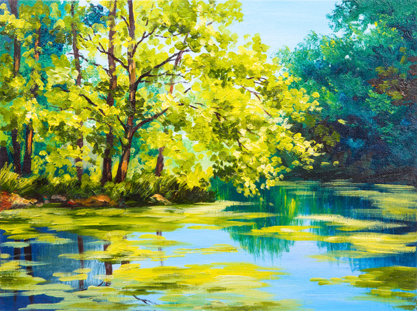 Olaj festmény tájkép - tó az erdőben - Fotó, kép