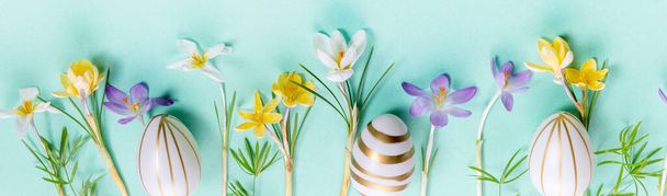 Bordure festive de Pâques, cadre d'œufs de Pâques et crocus de fleurs de printemps sur fond bleu. Pâques élégant plat laïc bleu, - Photo, image