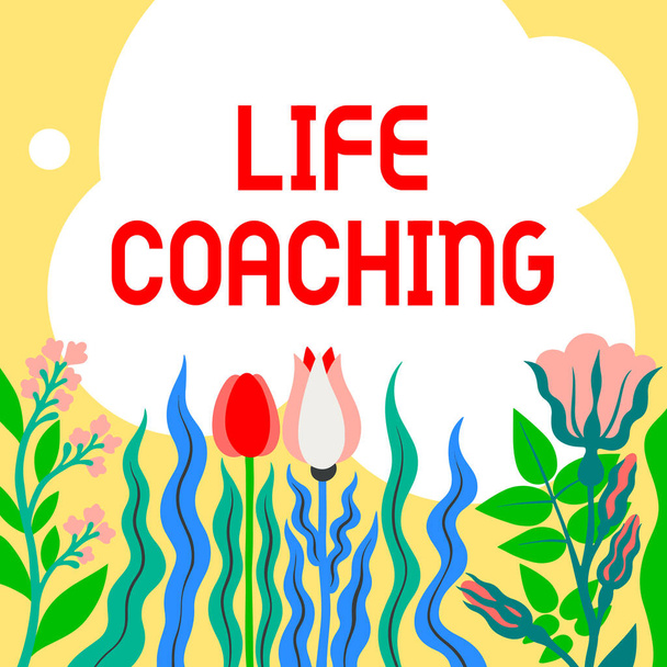 Text showing inspiration Life Coaching. Business idea Improve Lives by Challenges Encourages us in our Careers Blank Frame Decorated With Abstract Modernized Forms Flowers And Foliage. - Photo, Image