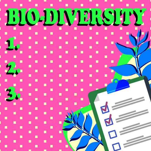 Handschrift teken Bio Diversity. Business showcase Verscheidenheid van het leven Organismen Marine Fauna Ecosystem Habitat Klembord Tekenen met Checklist Gemerkt Gereed items Op de lijst. - Foto, afbeelding