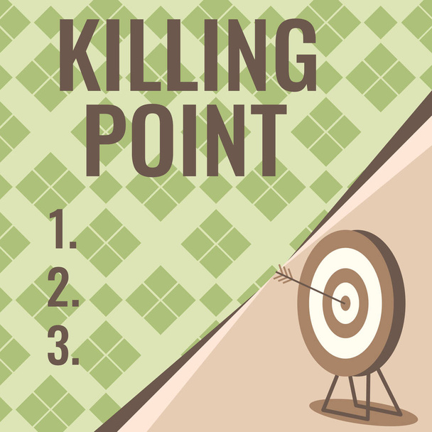 Text caption presenting Killing Point. Conceptual photo Phase End Review Stage Gate Project Evaluation No Go Target With Bullseye Representing Successfully Completed Project. - Photo, Image