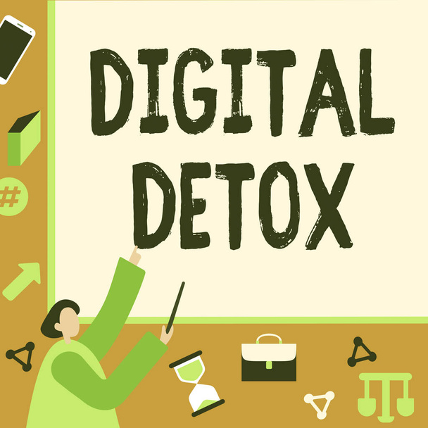 Texto de escritura digital Detox. Internet Concept Free of Electronic Devices Disconnect to Reconnect Unplugged Businessman Pointing Fingerpresentation Board Representing Planning Projects. - Foto, imagen