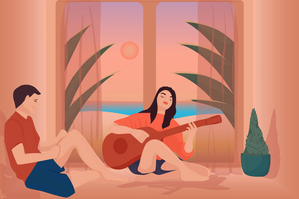 Noche romántica de una joven pareja de vacaciones, una chica toca una melodía a un chico en una guitarra sobre el fondo de una puesta de sol de mar, un paisaje marino con una playa, el mar y las palmeras, una ilustración en colores cálidos - Vector, Imagen