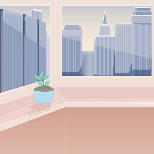 Pohled z okna bytu na mrakodrapy, útulný byt na vysokém patře s výhledem na město a mrakodrapy, byt v metropoli, velké město, květiny na parapetu, útulný pokoj nebo balkon - Vektor, obrázek