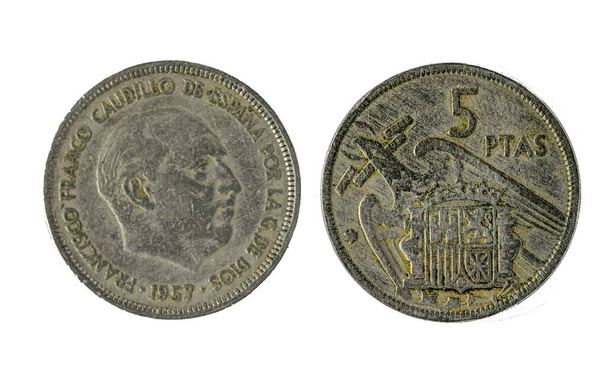 Іспанські монети - 5 песет, Франсіско Франко. Монетний двір 1956 року. - Фото, зображення