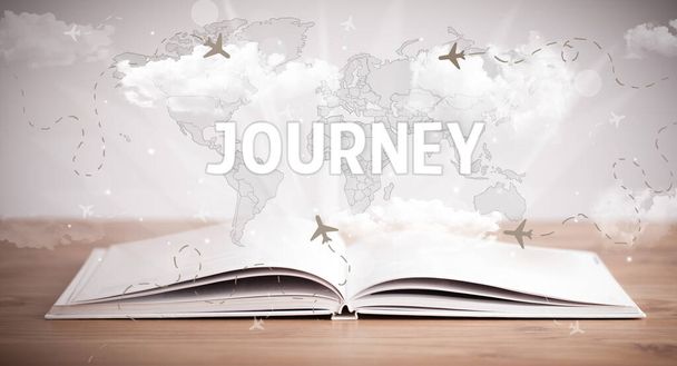 Open book with JOURNEY inscription, vacation concept - Foto, Imagen